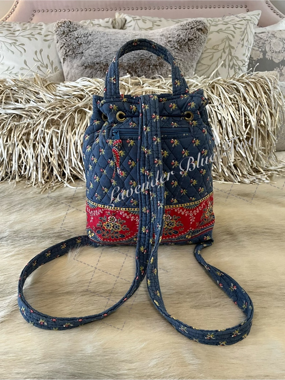 Vintage VERA BRADLEY Emily 2005 Mimi Flap Drawstring Backpack USA Red Blue Y2K - Picture 5 of 14